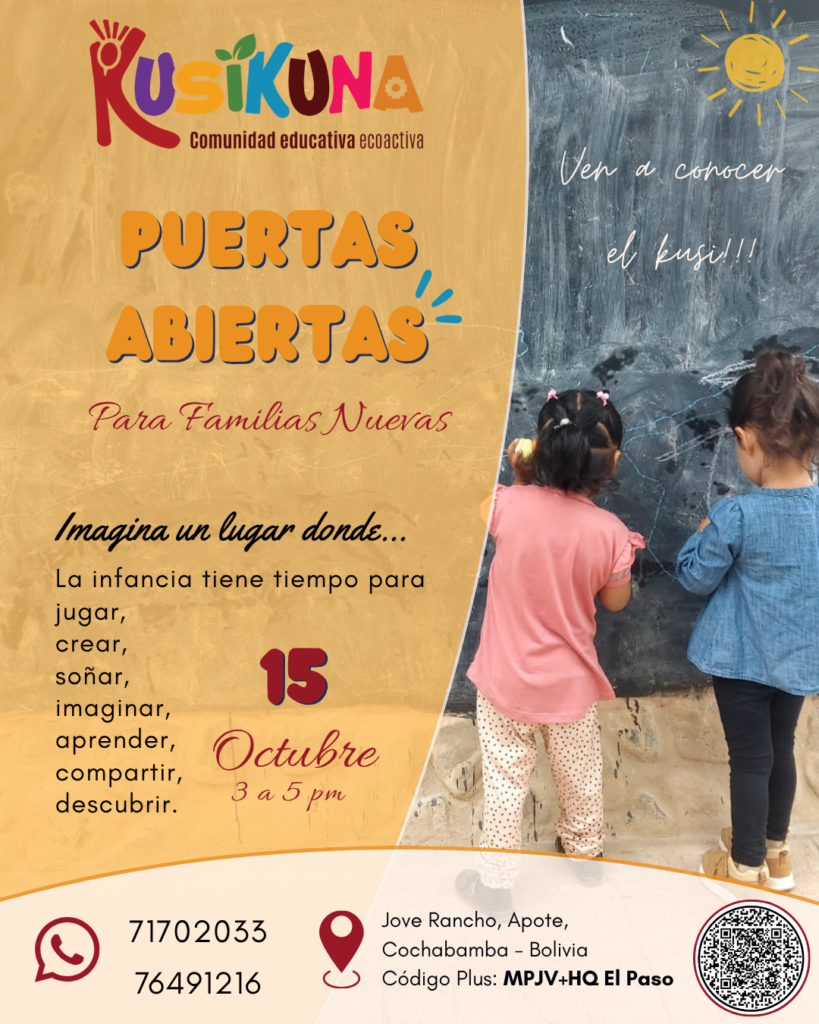 ¡Te invitamos a nuestras Puertas Abiertas!

Ven a conocer la propuesta educativa de Kusikuna: una educación ecoactiva, comunitaria e intercultural, donde las wawas aprenden jugando, explorando, creando y compartiendo con la naturaleza.